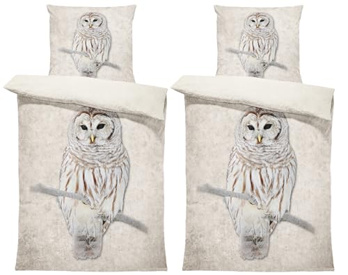 one-home Winter Bettwäsche Thermo Fleece Kuschelig Warme Bettbezüge Flauschig Warm Weich, Größe:4 teilig 135x200 cm, Farbe:Eule beige Natur