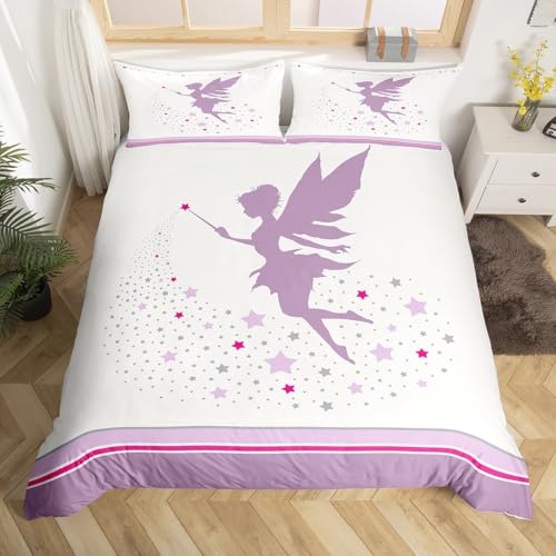 Homewish Feen Bettbezug Set 155x220 Lila Grau Sternen Muster Kleinkinder Bettwäsche für Kinder Mädchen Teenager,Eleganter Feen Bettwäscheset Weiß Violette Bettgarnituren Süße Prinzessinnen Raumdekor