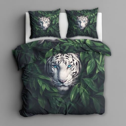 Generisch Bettwäsche 200x200 Weißer Tiger, Grün Blätter Wilde Tiere Bettbezug 200x200 3 Teilig, mikrofaser Bettwäsche Set mit Reißverschluss und 2 Kissenbezüge 80x80cm, Schlafzimmer Deko Weißer Tiger
