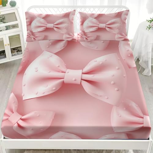 3D Spannbettlaken 160x200 cm Tiefe Tasche 30 cm Romantische Schleife Mit Punkten Anti-Falten Atmungsaktiv Bettwäsche-Sets Rosa Mikrofaser Spannbetttuch Tagesdecke für Kinder Erwachsene