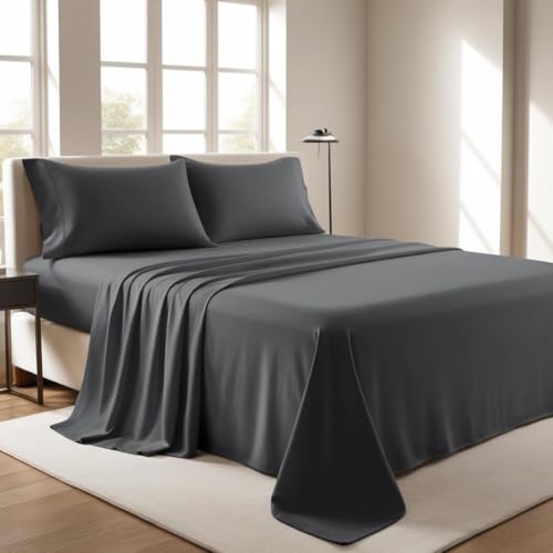 Bettlaken aus 100 % ägyptischer Baumwolle, Fadenzahl 200, Premium-Hotelqualität, ultraweiche Bettwäsche, luxuriös, bügelfrei, knitterfrei, flecken- und lichtbeständig, Bettlaken (Anthrazit, Doppelbett