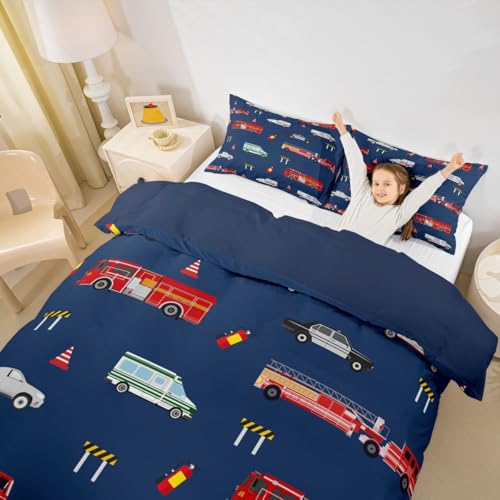 feelingyou Feuerwehr Kinder Bettdecke M Größe Polizeiauto ausgestattet LKW Troster Abdeckung für Jungen Mädchen Cartoon Fahrzeug Roadblock Bettwäsche Set(1 Kissenbehälter)