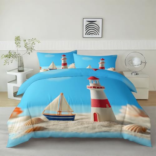 Srigzcaly Bettwäsche Maritim Strand Segelboot Leuchtturm 155x220cm Hellblau Bettwäsche Set, Kinder Jungen Weich kuschelig Microfaser Wendemotiv Bettbezug mit Kissenbezug 80x80cm - mit Reißverschluss