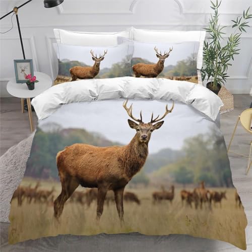 Bettwäsche 200x220 Hirsch Muster Bettwäsche-Sets Natur Wald Wilde Tier Bettbezug Kuschelig Weich Mikrofaser 3D Druck Bettbezüge mit Reißverschluss + 2 Kissenbezüge 80x80 cm C-4934