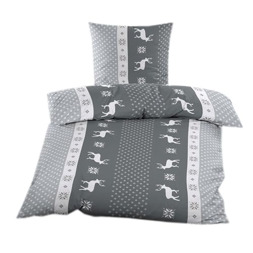 Casa Colori Biber Bettwäsche 135x200 cm | 2tlg. | Winter Garnitur | Baumwolle | mit Reißverschluss | Anthrazit Grau Rentiere Weihnachten