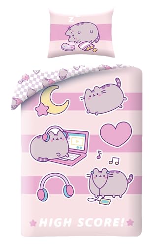 Halantex Bettwäsche-Set PUSHEEN die Katze HIGH SCORE - Bettbezug 140 x 200 cm mit Kissenbezug 70 x 90 cm - Mikrofaser - Rosa
