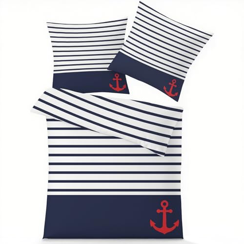 GEDAEUBA Maritim Anker Bettwäsche 200x200 - Marineblau Weiß Gestreift Bettbezug, Wendebettwäsche und Kissenbezug 80x80, Weiche & Angenehme Mikrofaser Bettwäsche-Sets mit Reißverschluss