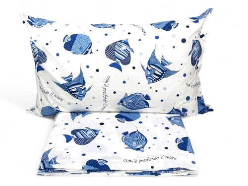 Bettwäsche-Set aus Baumwolle  Wie tief das Meer  – Sommer-Bettwäsche mit blauen Fischen – Marine-Design Made in Italy – Einzelbett