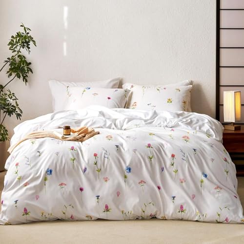 Tospass Blumen Bettwäsche 135x200 cm Weiß Bunt Blätter Pflanzen Muster Bettwäsche Set Floral Bettbezug Mikrofaser Wende Bettwäsche 1 Deckenbezug mit Reißverschluss 1 Kissenbezug 80x80 cm