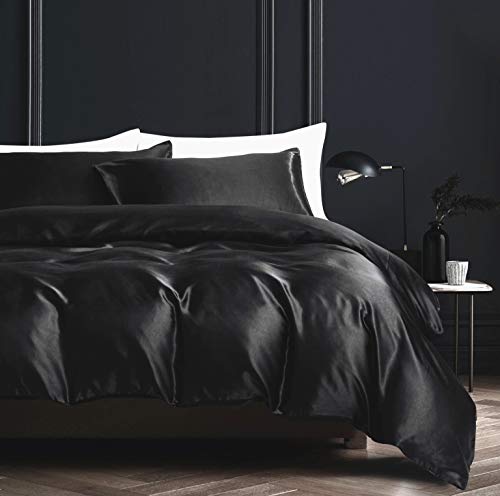 Damier Bettwäsche 135x200cm Schwarz Satin Bettbezug Set Uni Einfarbig Deckenbezug Hochwertiges Deluxe Satin Bettbezug mit Reißverschluss und Kissenbezug 80 × 80 cm