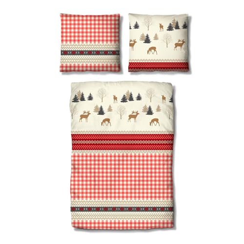 Traumschlaf Feinflanell Bettwäsche Hirsch Landhaus – Kuschelige Winterbettwäsche aus 100% Baumwolle – Weiche Bettgarnitur im Landhausstil mit Hirschmotiv & Karodesign – 240x220 cm + 2X 80x80 cm
