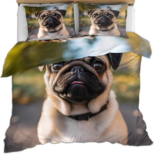 Generisch Bettwäsche 200x200 Mops Bettbezug 200x200 3 Teilig Tier Bettwäsche-Sets 3D Muster Weiche Mikrofaser Bettbezüge mit 2 Kissenbezug 80x80 cm D0718