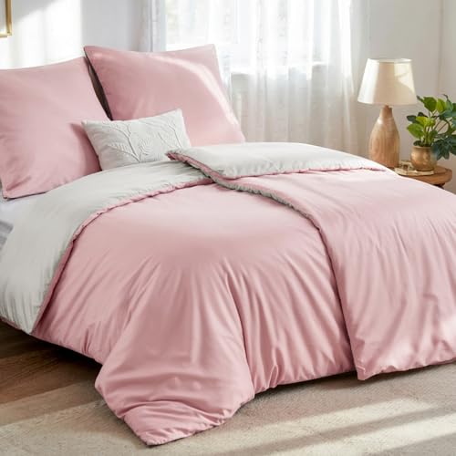 Aisbo Bettwäsche 135x200 4teilig Rosa Beige - Bettwäsche Sets 2 Bettbezüge 135x200 cm + 2 Kissenbezüge 80x80 cm, ÖKO-TEX Wendebettwäsche Weich Mikrofaser mit Reißverschluss