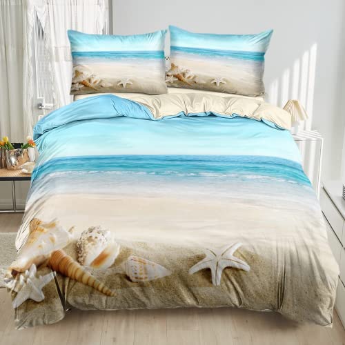 Damier Bettwäsche Set Ozean Bettbezug 135x200cm Meeresstrand 3D-Digitaldruck Bettwäsche-Sets 2 teilig Weiche Mikrofaser Bettbezug mit Reißverschluss und 1 Kissenbezug 80 x 80 cm, Boho007