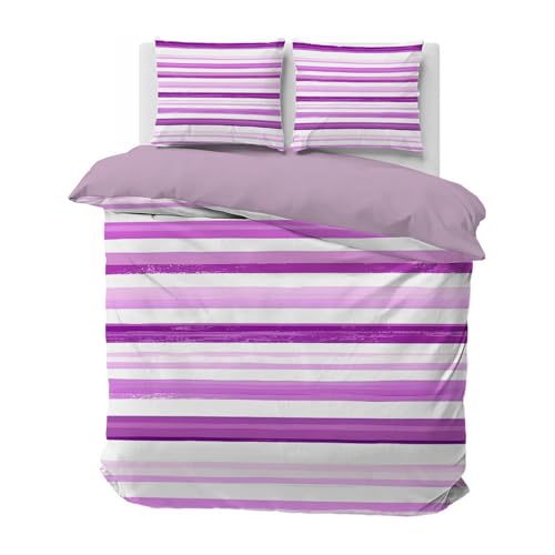 Qiwagu Bettwäsche 220x240 Violett Gestreift, Bettwäsche-Sets Weiß aus Microfaser, Bettbezug 220x240 und 2 Kissenbezüge 80x80 cm, C435