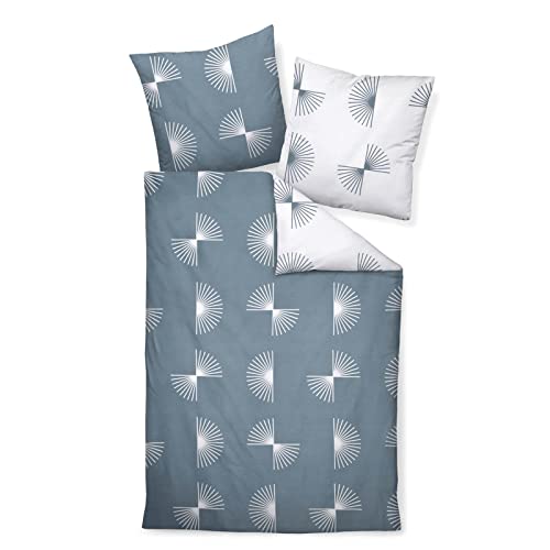 Janine Bettwäsche J.D. 87073 02 blaugrün weiß Grafisches Design Kreise Fächer gefächert Striche Mako Satin, Größe:155 cm x 220 cm