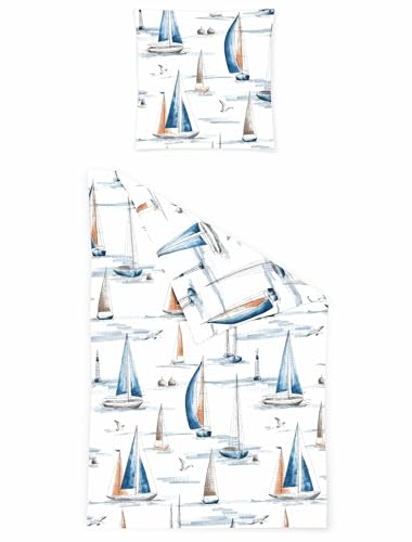 JACK by Bierbaum Seersucker Bettwäsche 2 TLG. 135x200cm Maritim Blau Offwhite Segelschiff Meer Reißverschluss