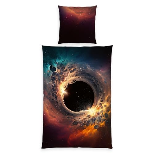 Herding Young Collection Bettwäsche, Schwarzes Loch, Kopfkissenbezug 80 x 80 cm mit Reißverschluss und Wende-Motiv, Bettbezug 135 x 200 cm, Mit Reißverschluss, Microfaser