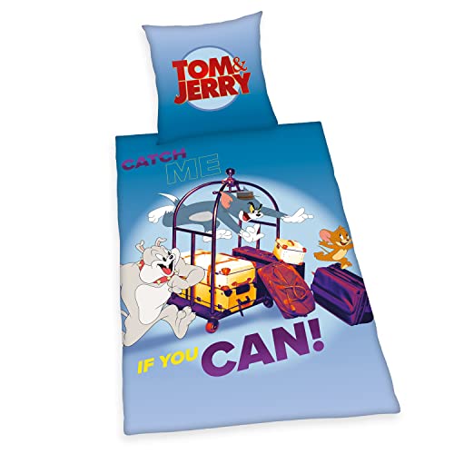 Herding Tom & Jerry Bettwäsche-Set, Kopfkissenbezug 80 x 80 cm, Bettbezug 135 x 200 cm, Mit Knopfleiste, 100% Baumwolle/Linon