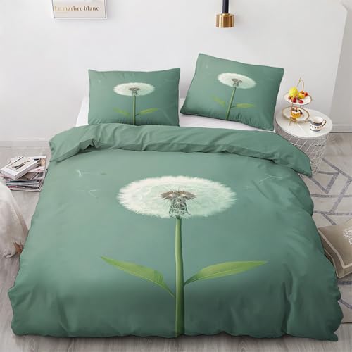 Traulpex Löwenzahn Bettwäsche 155x220cm 3 teilig, Pusteblume Botanisch Bettbezug mit Reißverschluss, Weich & Bügelfrei, Pflanzenmuster Bettwäsche Set Microfaser mit 2 Kissenbezug 80x80 cm