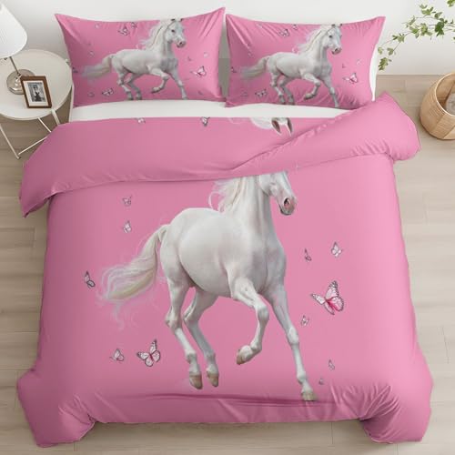 Rosa Bettwäsche Set 155 x 220 cm Hyperrealistisches Rennendes Pferd Schmetterling, Wende Motiv Microfaser mit Reißverschluss Bettbezug, für Allergiker geeignet