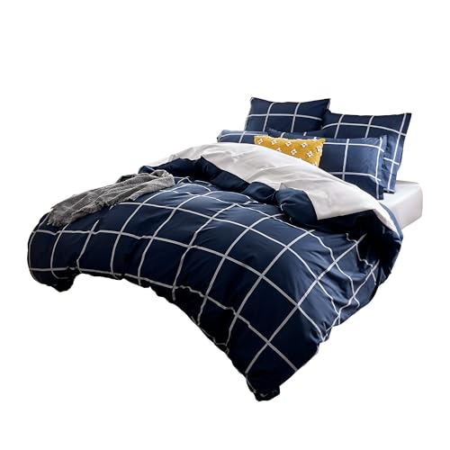 Sonive Bettwäsche 135x200,Mikrofaser Bettbezug-Set – Bettbezügen 135 x 200 & Kissenbezügen 50x80cmx1, Marineblau Einfaches Karo