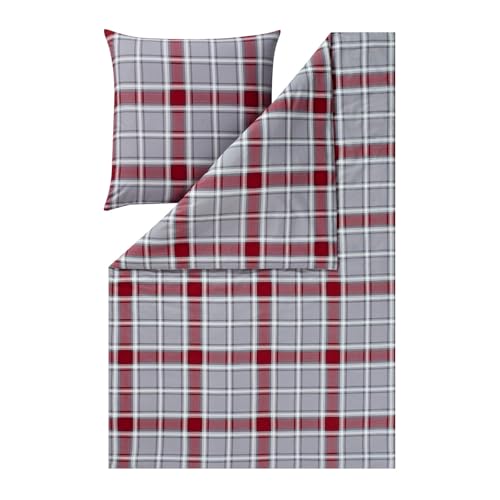 ESTELLA Bettwäsche Quirin 4448 810 Grau Kuschelflanell Karomuster Kariert Quadrate Linien Rot, Größe:155 cm x 220 cm