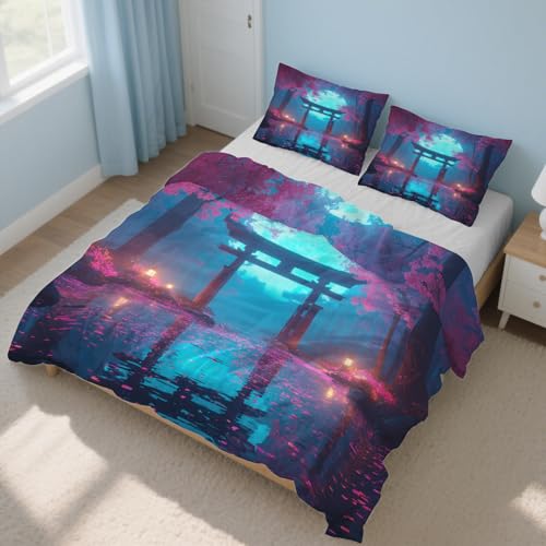 Generisch Bettwäsche 220x240cm Japanische Torii 3-Teilig, Bettbezug Asiatisch Orientalisch Soft Angenehm Bettwäsche-Sets Mikrofaser, mit Reißverschluss + 2 Kissenbezüge L-47