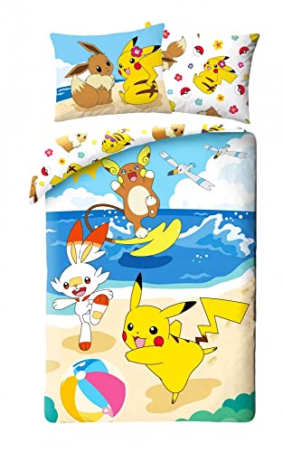 Halantex Pokemon Bettwäsche Set, 2 Stücke, 140x200 cm + Kissen 70x90 cm · Pokémon Pikachu, Raichu und Scorbunny · Kinder-Bettwäsche 100% Baumwolle