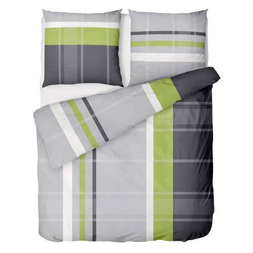 LINKHOFF Biber Bettwäsche 135x200 Grün Grau | 100% Baumwolle | Kuschelige Bettwäsche | Kissenbezug 80x80 + Bettbezug 135x200