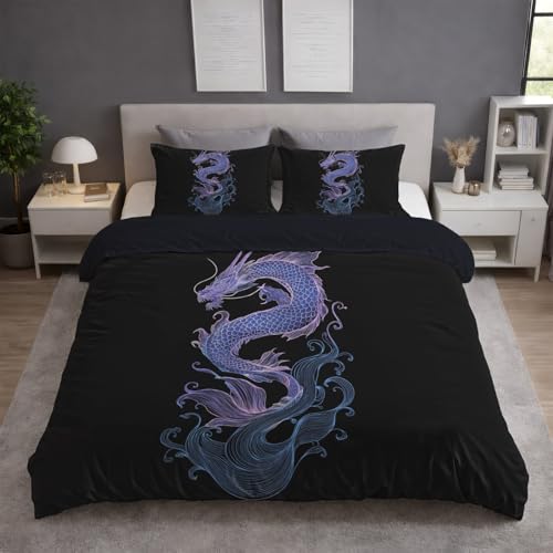 Bettwäsche 155 x 220 cm Bettwäsche Set Bettbezug Set Weich Microfaser Bettbezüge weich & bügelfrei Orientalisch Tiere Drache Mikrofaser Mit Reißverschluss Bedding Set Single Bed Schwarz