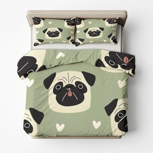 Generisch Bettwäsche 135x200 Kinder Wende Motiv 2tlg, Schlafzimmer Deko, Cartoon Mops Hund Tiere Bettbezug und 1 Kissenbezug 80x80, Weiche Mikrofaser Deckenbezug mit Reißverschluss -z668
