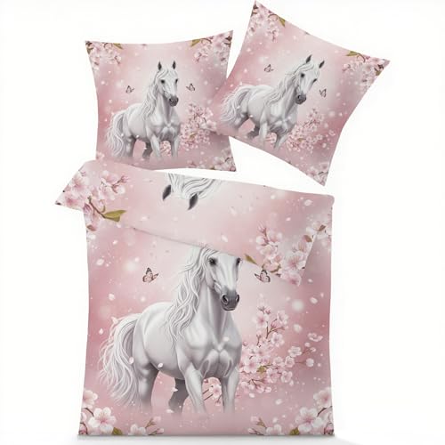 GEDAEUBA Pferde Mädchen Bettwäsche 140x200 Winter - Rosa Kirschblüten Bettbezug, Wendebettwäsche und Kissenbezug 70x90, Weiche & Angenehme Mikrofaser Bettwäsche-Sets mit Reißverschluss