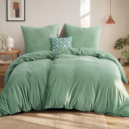 Aisbo Winter Plüsch Bettwäsche 135x200 4teilig Grün - Flanell Flauschige Warme Bettbezug 2er Set und 2 Kissenbezüge 80x80 cm, Teddy Fleece Samt Cashmere Touch Winterbettwäsche mit Reißverschluss
