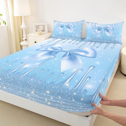 Süß Schmetterlingsknoten Einbaublech M Größe Prinzessin romantische Krawatte Mit Schleife Bettdeckung 2pcs Glitzerblau Bettwäsche Set für Kinder