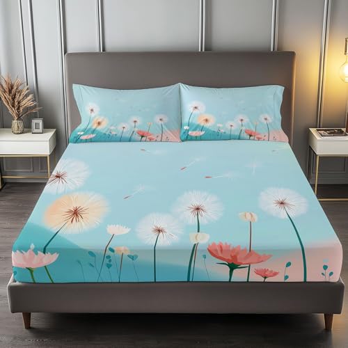 Erwachsene Kinder Bettlaken Süß Cartoon Pflanze Pusteblume Spannbetttuch, Hellblau Bettwäsche Spannbettlaken mit tiefen Taschen, 90 x 200 cm Geeignet für Matratzen bis 30 cm