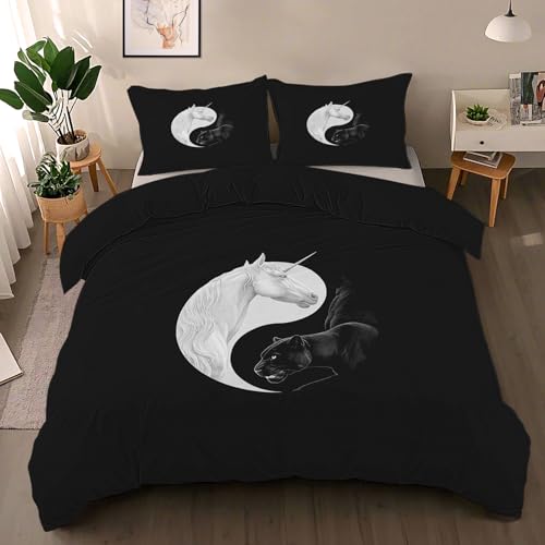 Tai-Chi-Diagramm Bettwäsche 200x220 3 teilig - Einhorn Leopard Bettwäsche-Sets, 1 Bettbezüge 200x220cm + 2 Kissenbezüge mit Reißverschluss, Yin Yang Bagua Bettzeug Weich und Bügelfrei