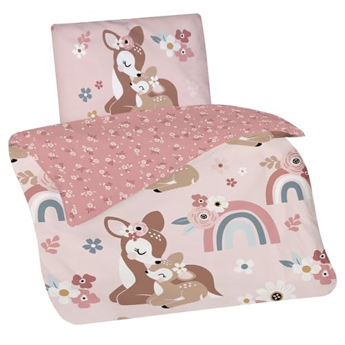 Aminata kids Kinderbettwäsche 100x135 Mädchen REH-Kitz Waldtiere Tier-Motiv Kinder-Wende-Bettwäsche- Set mit Regenbogen rosa braun Baby