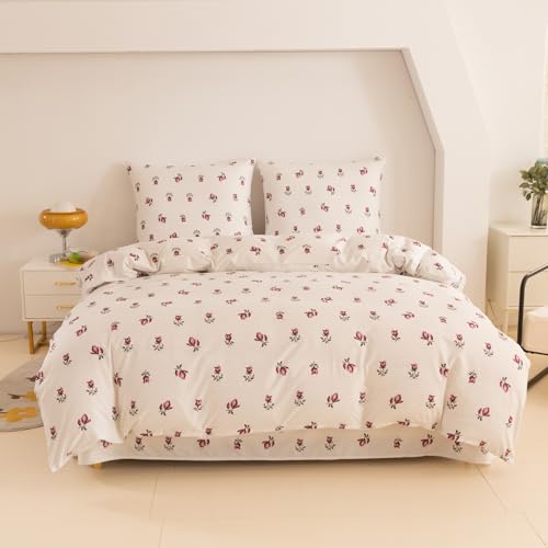 Cotton Market Bettwäsche 155x200 cm - Bettwäsche Mikrofaser Baumwolle - Herbst Bettwäsche-Sets 3 Teilig ?mit Reißverschluss - Blumen Bettbezug mit 2 Kissenbezug 70x80 cm - Rosen/Beige