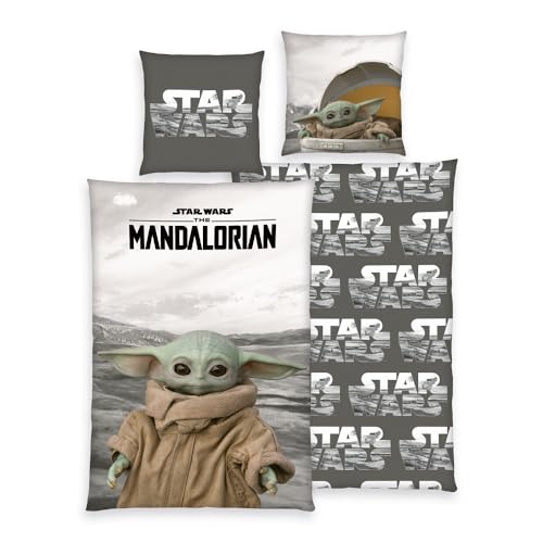 Familando Star Wars The Mandalorian Bettwäsche 135x200 cm + 80x80 cm · 100% Baumwolle · Kinder Bettwäsche-Set (2-TLG.) Motiv Baby-Yoda