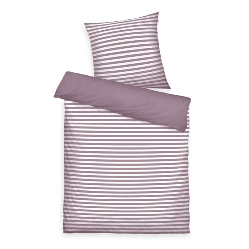 TOM TAILOR Renforcé-Bettwäsche, 80x80 cm + 135x200 cm, 100% Baumwolle/ Renforcé, mit Wendemotiv und farbigem Markenreißverschluss, MEDIUM STRIPES Lila, Weiß (Cozy Mauve & Crisp White)