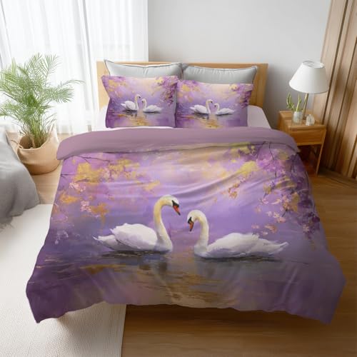 Generisch Bettwäsche-Sets Flieder-Purpur 2 teilig Bettbezug 140 x 200 cm + 1 Kissenbezug 80 x 80 cm, Traumhaft Ölgemälde Schwan Friedlich Wendebettwäsche mit Reißverschluss Bügelfrei und Weich