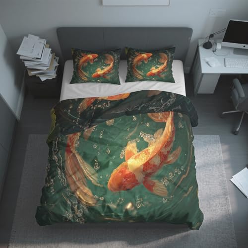 Generisch Bettwäsche 135x200cm Koi Fisch 2-Teilig, Bettbezug Japanische Karpfen Soft Angenehm Bettwäsche-Sets Mikrofaser, mit Reißverschluss + 1 Kissenbezüge K&11