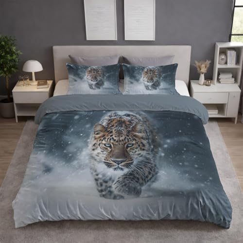 Atmungsaktiv Bettwäsche - Weiß Bügelfrei Farbbeständig Bettwäsche Sets - Bettbezug(200 x 200) + Kissenbezüge(50 x 70) - Für Kinder und Erwachsene - Fotorealistisch Leopard Schneelandschaft Filme