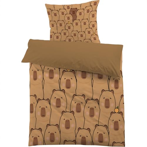 dyausi Capybara Bettwäsche 135x200 Braun, Niedlich Tier Bettbezug 2 teilig, Cartoon Capybara Wendebettwäsche Microfaser, Deckenbezug mit Reißverschluss und 1 Kissenbezug B97