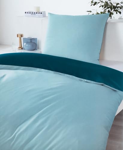 Novitesse Satin Bettwäsche aus 100% Baumwolle mit Reißverschluss | Bettgarnitur Set aus Kissenbezug 80x80 cm & Bettbezug 135x200 cm (türkis)