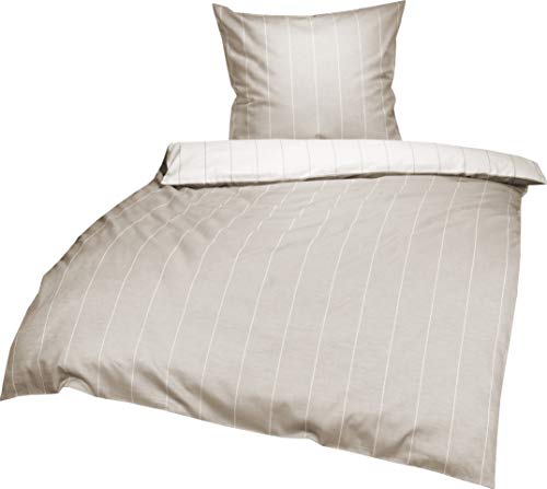 Lorena Monaco Mako Satin Wende Bettwäsche Streifen (Bahama beige, 135 cm x 200 cm + 80x80cm Kissen) 100% Baumwolle mit Mélange-Effekt