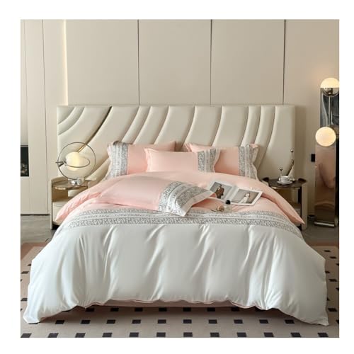MZP Bettwäsche 150/180x200cm 4teilig Satin Bettbezüge Set Stickerei Bettwäsche Glanzsatin atmungsaktiver Weich Duvet Cover Sets Spannbettlaken Kissenbezug(Pink B,King)