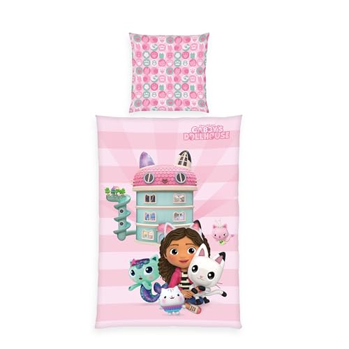 Herding Bettwäsche Gabby's Dollhouse, Kopfkissenbezug 80 x 80 cm mit Reißverschluss und Wende-Motiv, Bettbezug 135 x 200 cm, Mit Reißverschluss, 100% Baumwolle/Renforcé, Rosa