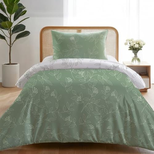 Dreamzie Bettwäsche Set 135x200 cm mit 1 Kissenbezug 80x80 cm – Salbeigrünes Blättermuster – Bettwäsche für Einzelbett aus 100% Mikrofaser – Oeko-Tex Zertifiziert – Ohne Schadstoffe